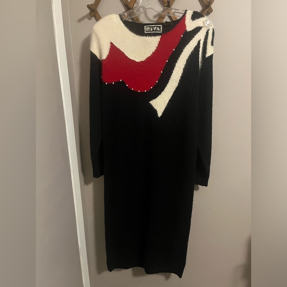 Riva Vintage 80s Abstract Beaded Angora Knit Midi Dress Black Red M